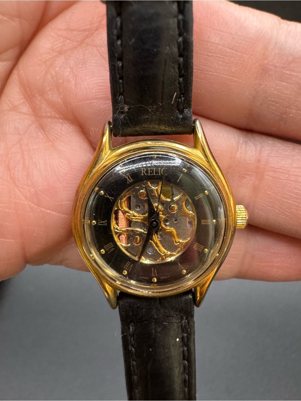 VTG Relic ZR-72100 Ladies Skeleton Watch New Battery 25MM 7” Black Leather Band